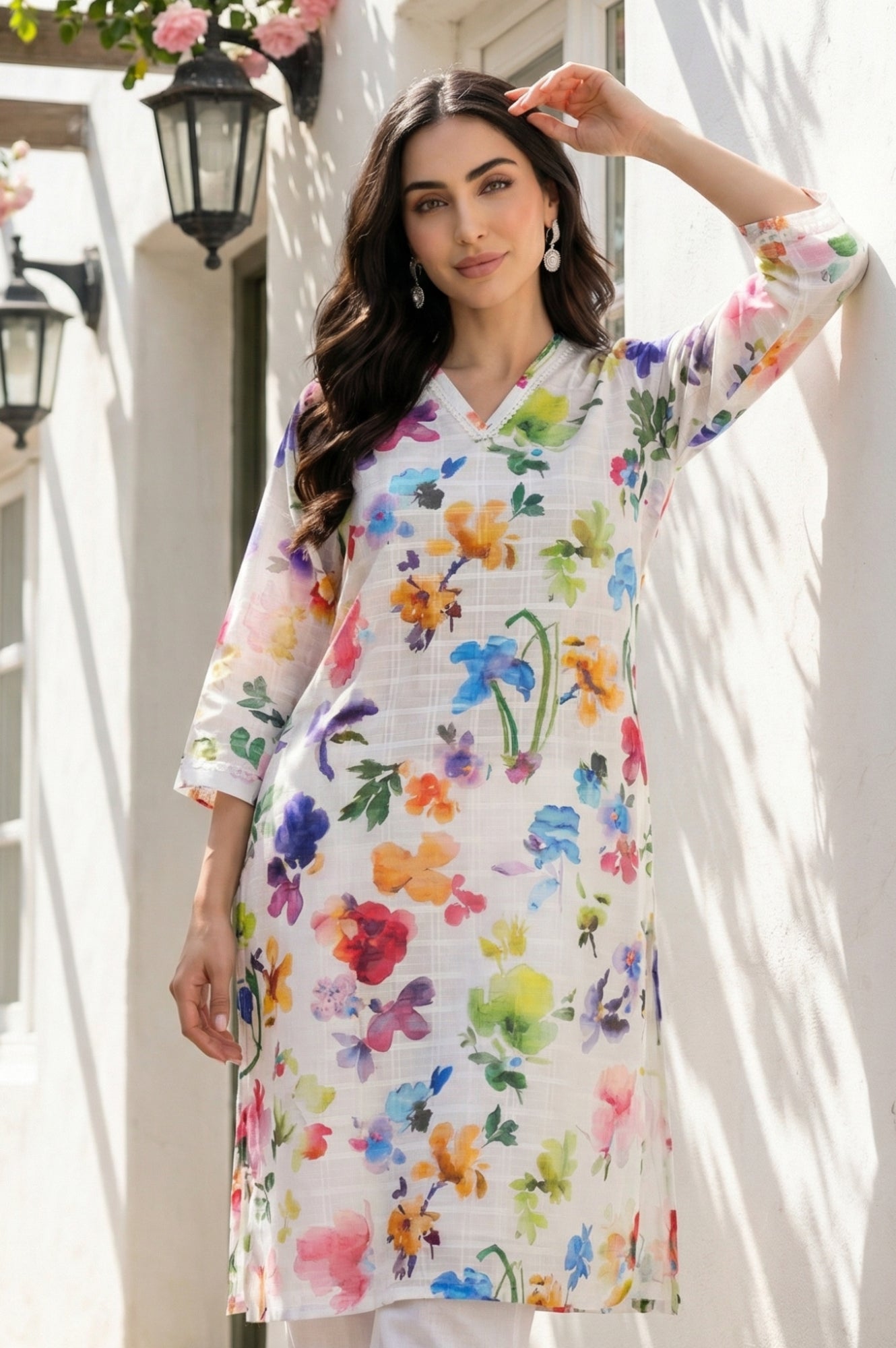 White Floral Printed Pure Cotton Straight Kurta