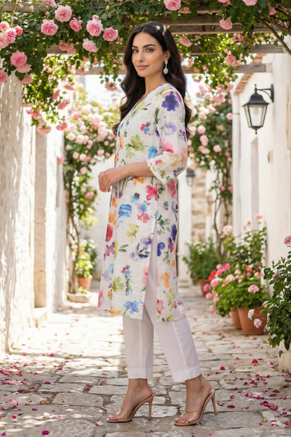 White Floral Printed Pure Cotton Straight Kurta