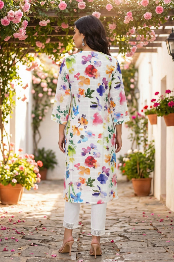 White Floral Printed Pure Cotton Straight Kurta
