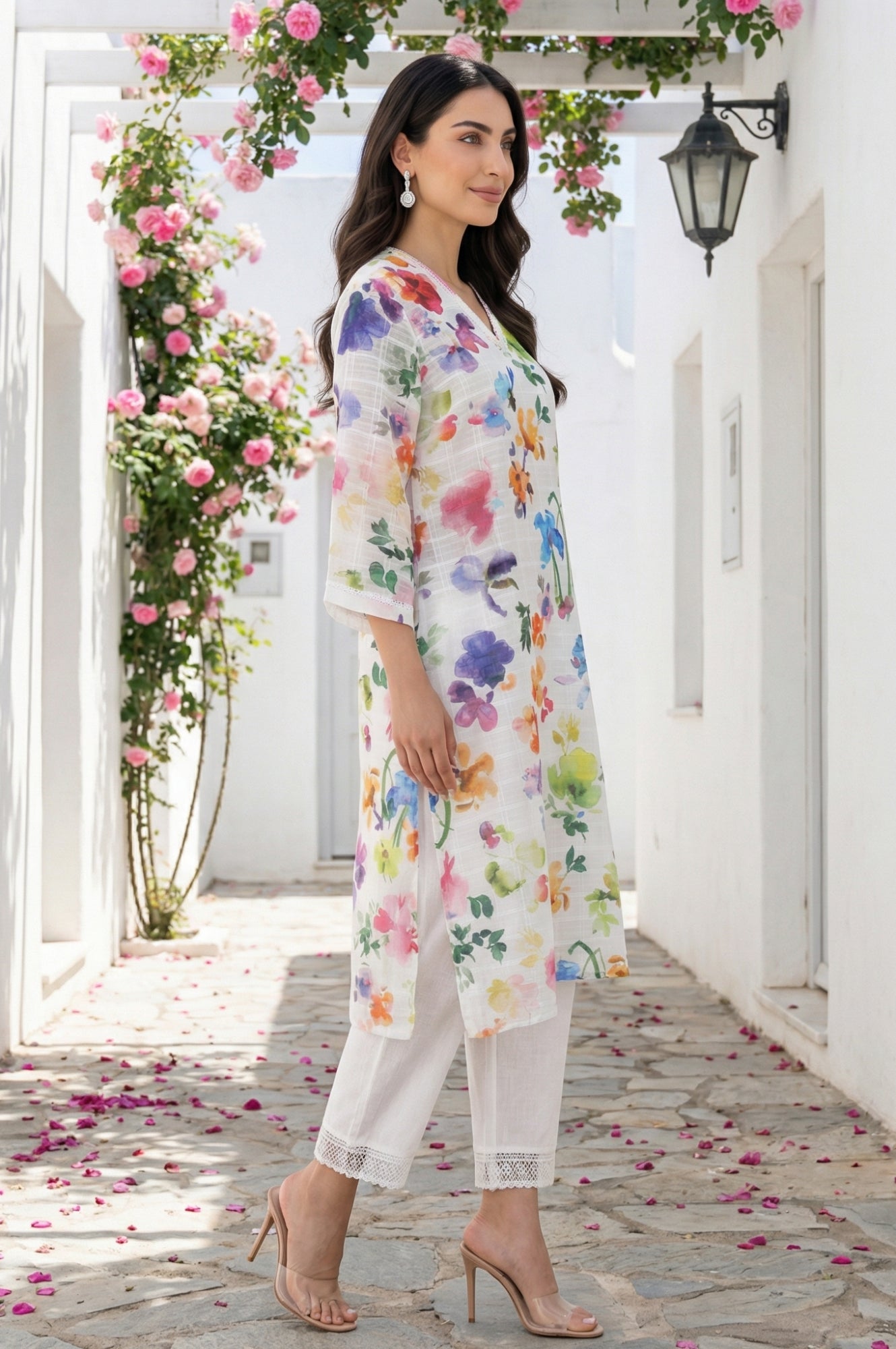 White Floral Printed Pure Cotton Straight Kurta