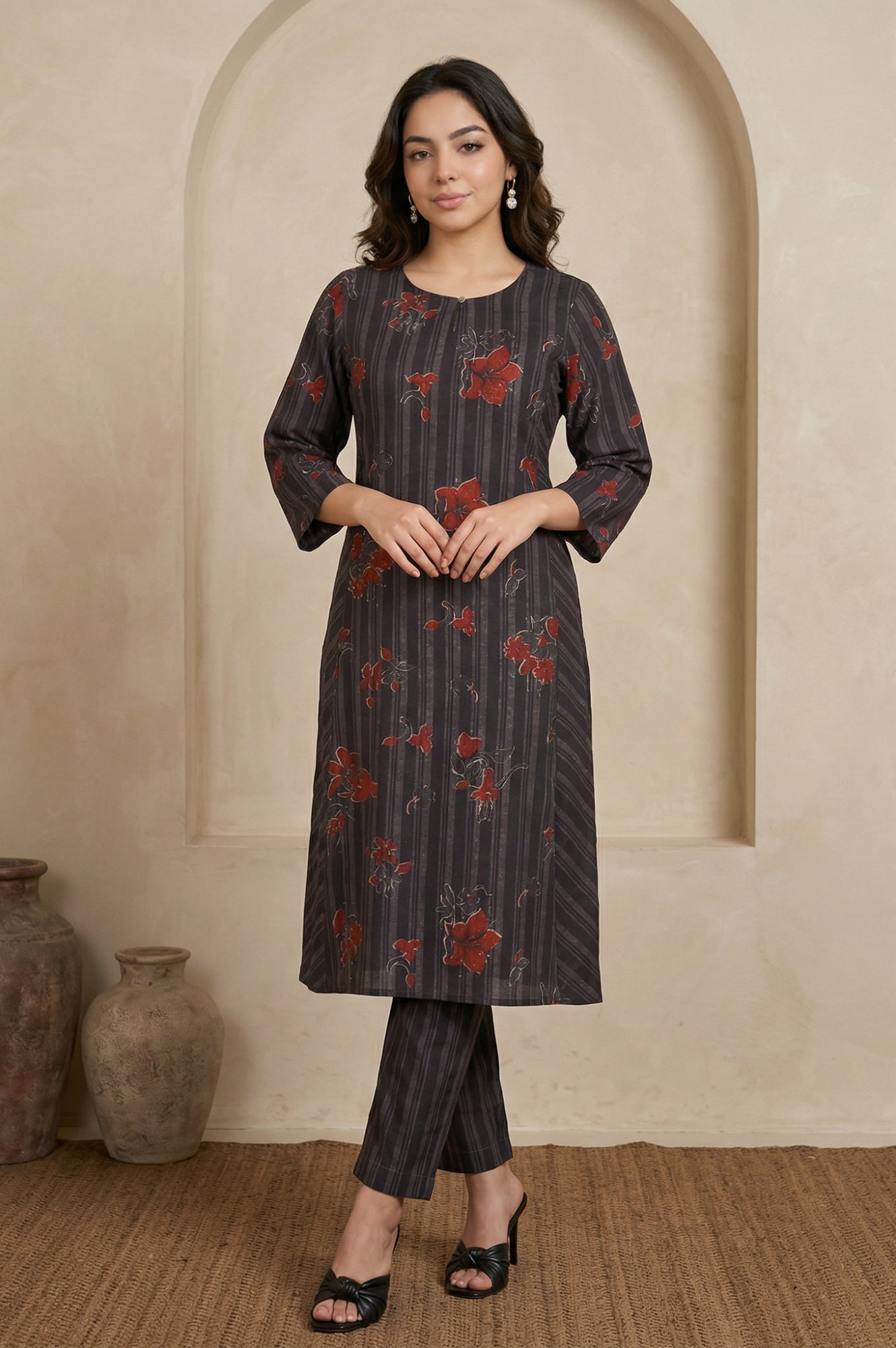 Black Floral Printed Crepe Straight Kurta