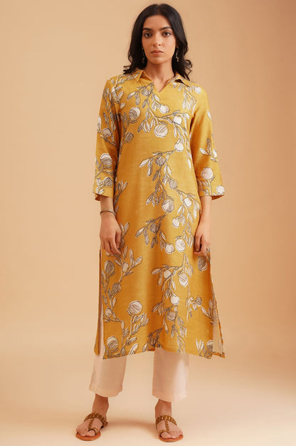 Mustard Floral Printed Rayon Flax Straight Kurta