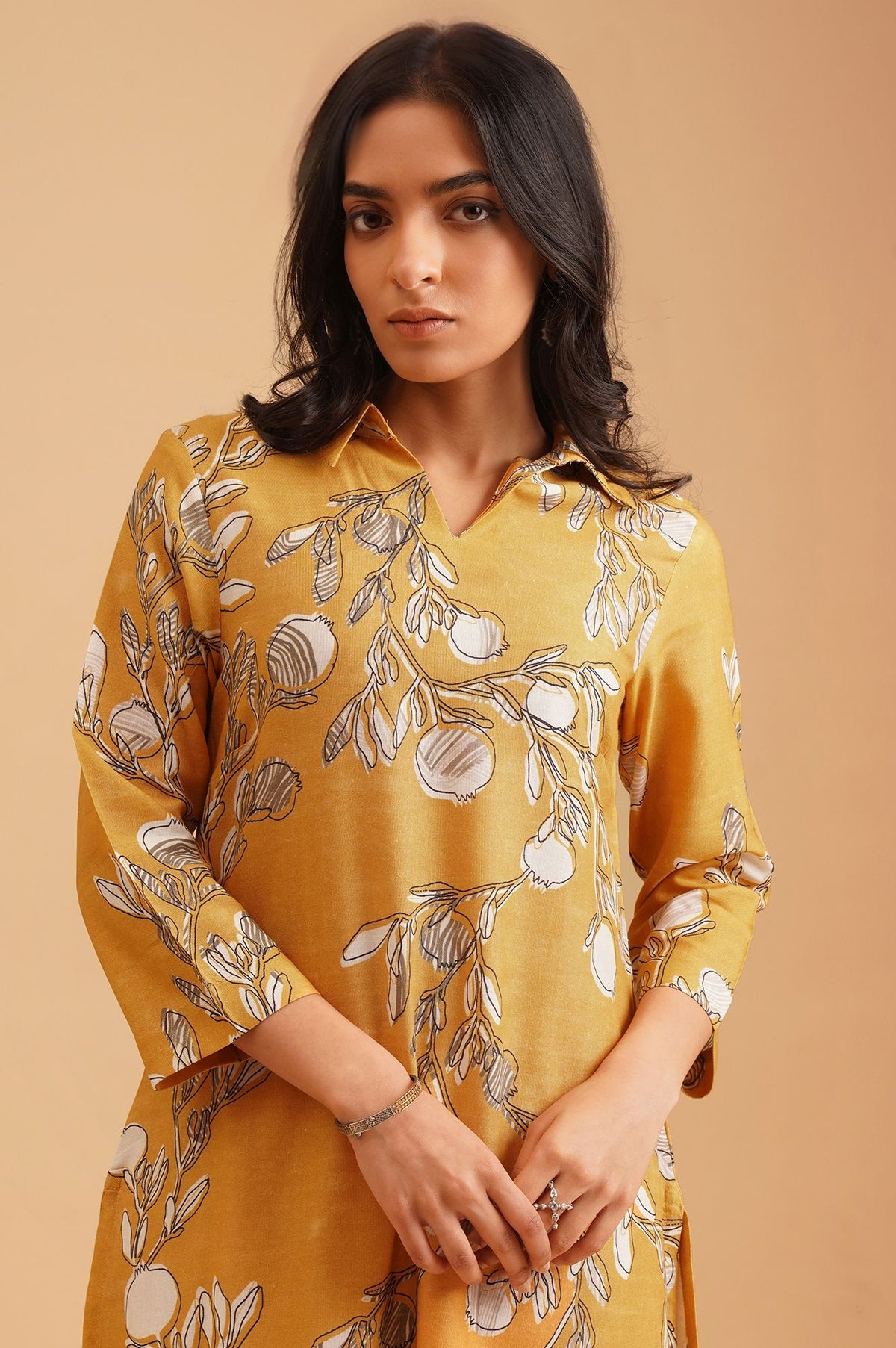 Mustard Floral Printed Rayon Flax Straight Kurta