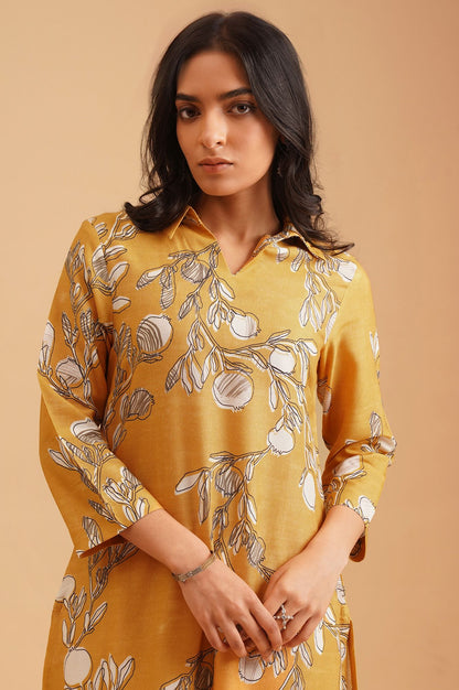 Mustard Floral Printed Rayon Flax Straight Kurta