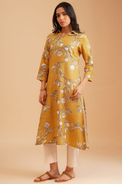 Mustard Floral Printed Rayon Flax Straight Kurta
