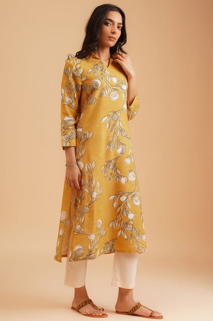 Mustard Floral Printed Rayon Flax Straight Kurta