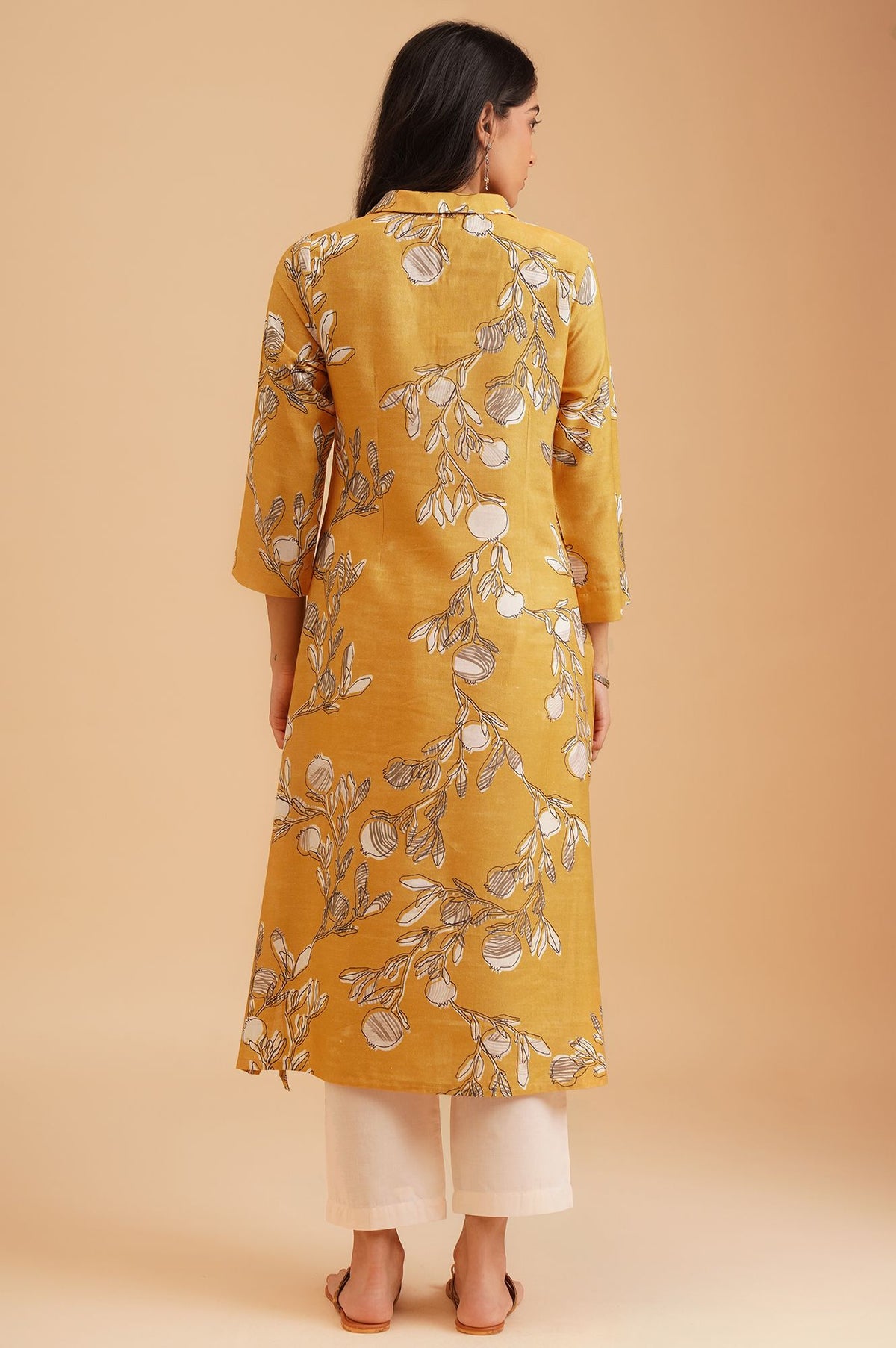 Mustard Floral Printed Rayon Flax Straight Kurta