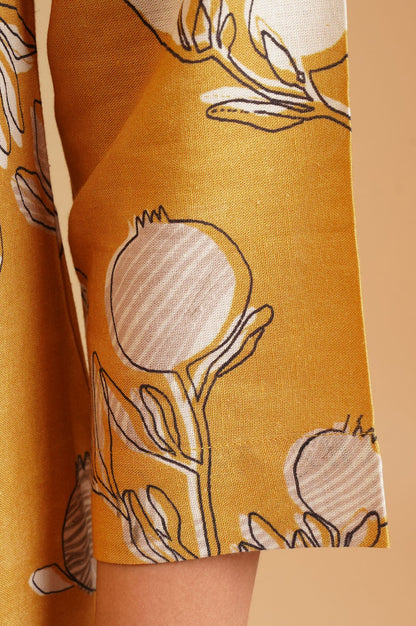 Mustard Floral Printed Rayon Flax Straight Kurta