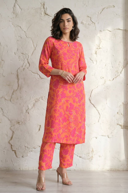 Orange Floral Printed Sequin Modal Straight Kurta