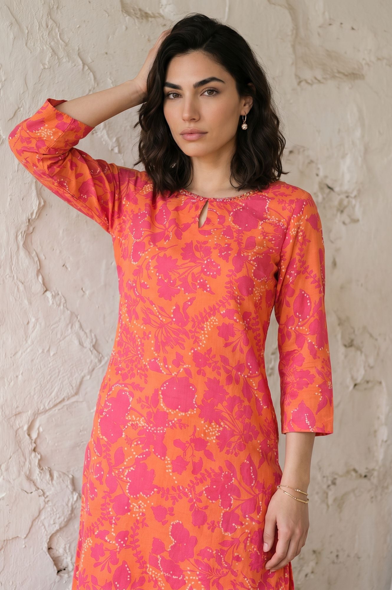 Orange Floral Printed Sequin Modal Straight Kurta