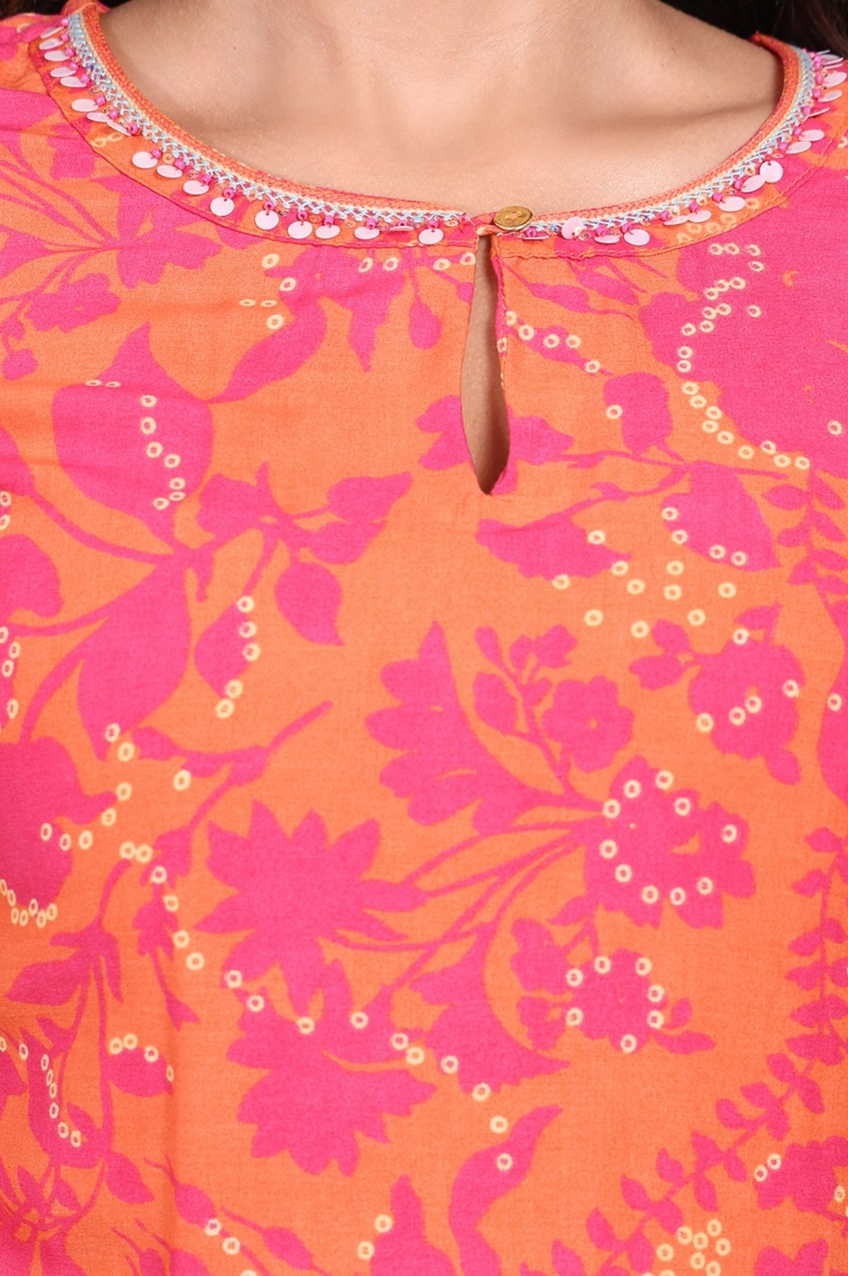 Orange Floral Printed Sequin Modal Straight Kurta