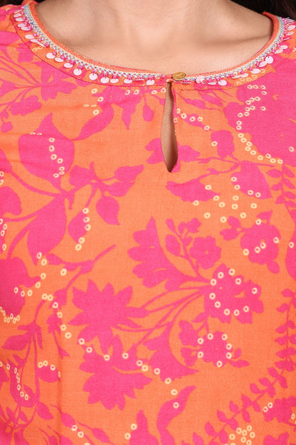 Orange Floral Printed Sequin Modal Straight Kurta