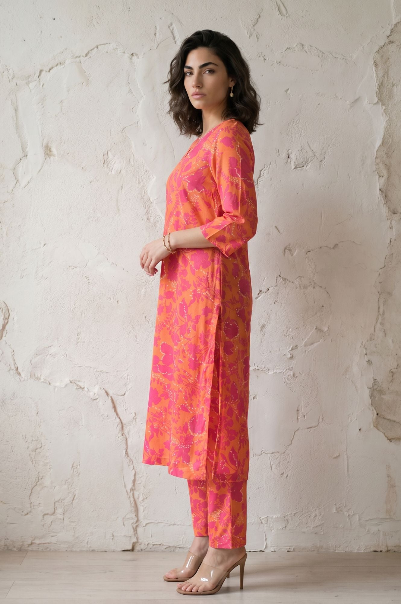 Orange Floral Printed Sequin Modal Straight Kurta