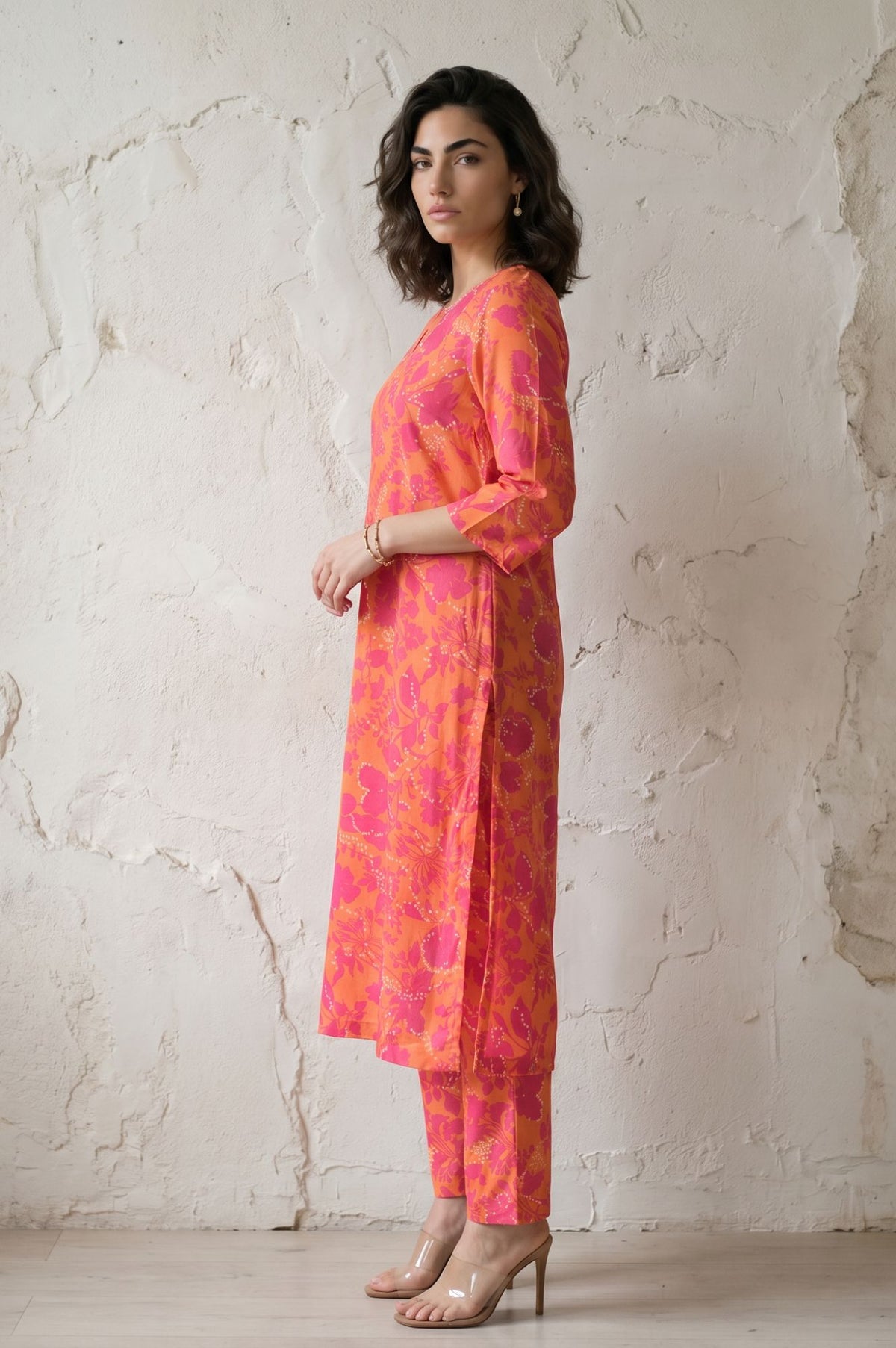 Orange Floral Printed Sequin Modal Straight Kurta