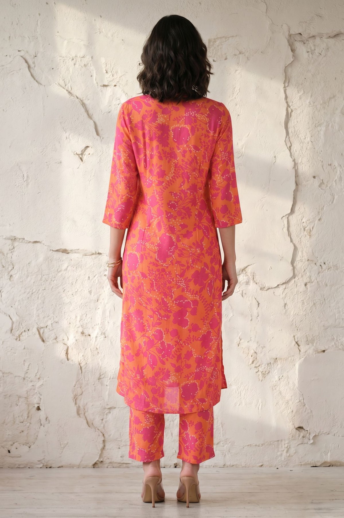 Orange Floral Printed Sequin Modal Straight Kurta