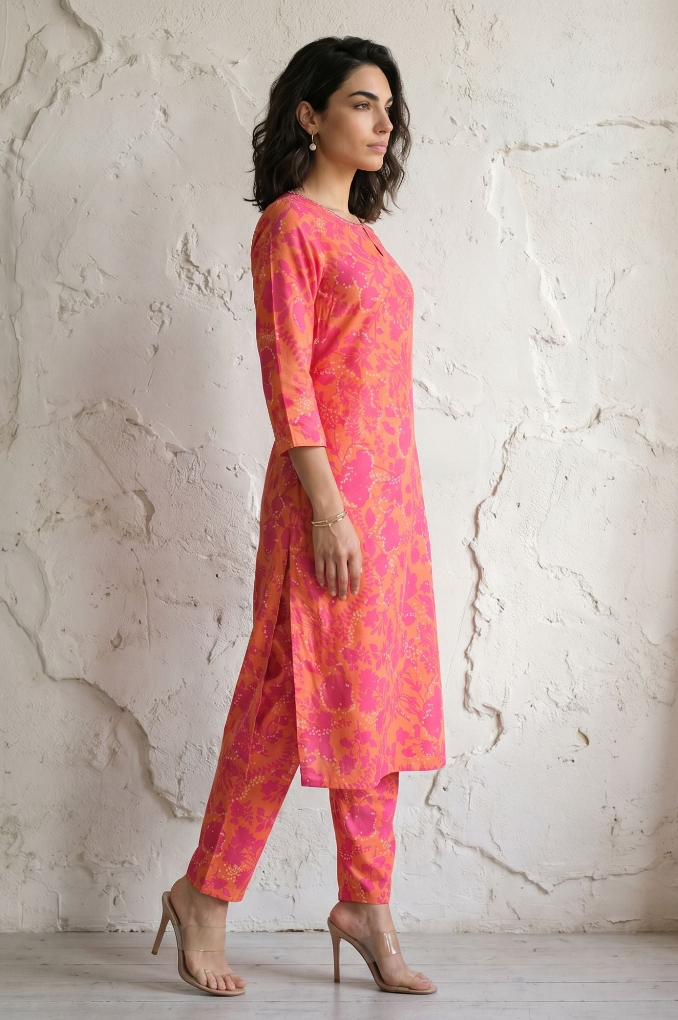 Orange Floral Printed Sequin Modal Straight Kurta