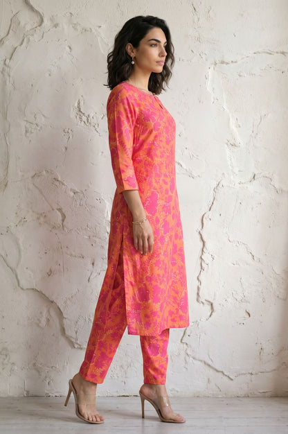 Orange Floral Printed Sequin Modal Straight Kurta