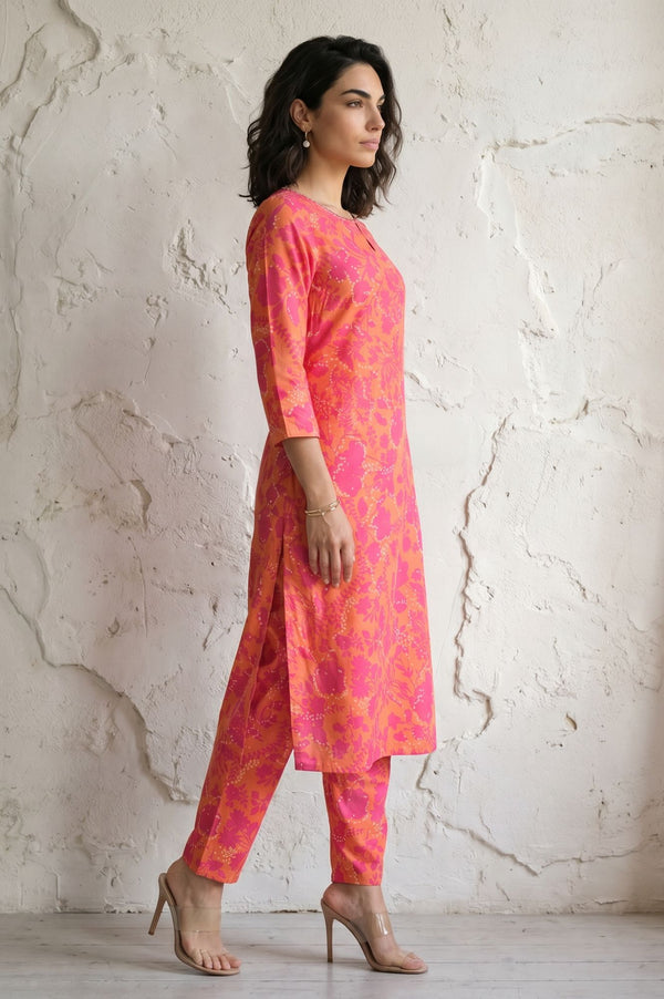 Orange Floral Printed Sequin Modal Straight Kurta