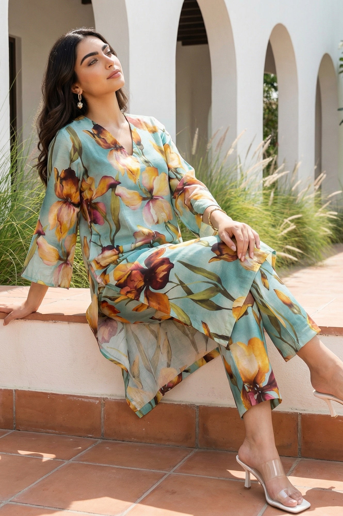 Sea Green Floral Printed Straight Kurta
