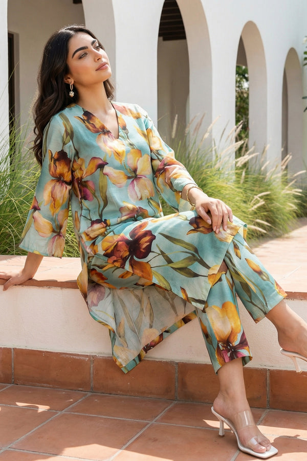 Sea Green Floral Printed Straight Kurta