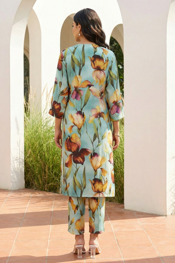Sea Green Floral Printed Straight Kurta