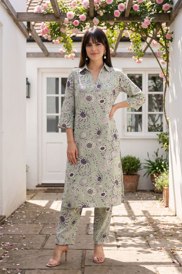 Sea Green Floral Printed Straight Kurta