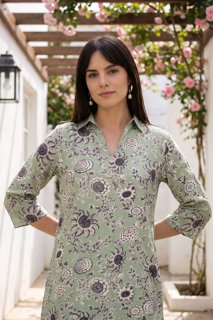 Sea Green Floral Printed Straight Kurta