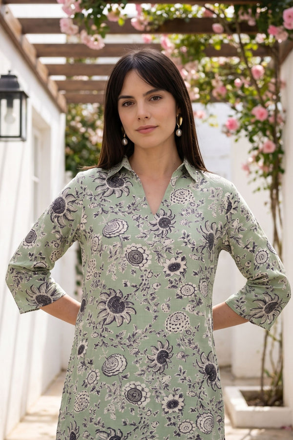 Sea Green Floral Printed Straight Kurta