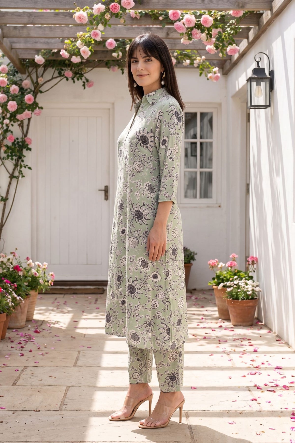 Sea Green Floral Printed Straight Kurta
