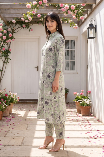 Sea Green Floral Printed Straight Kurta
