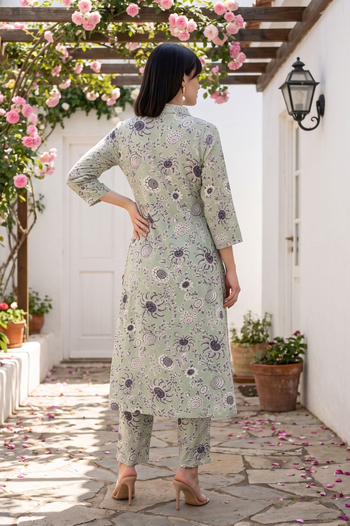 Sea Green Floral Printed Straight Kurta
