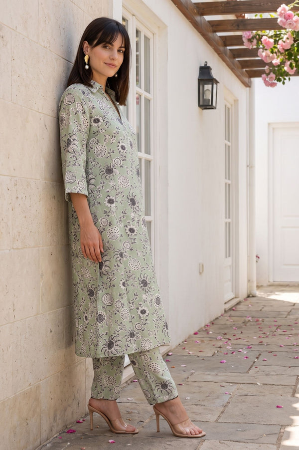 Sea Green Floral Printed Straight Kurta