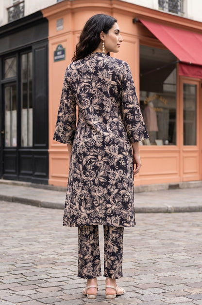 Black Floral Printed Straight Kurta