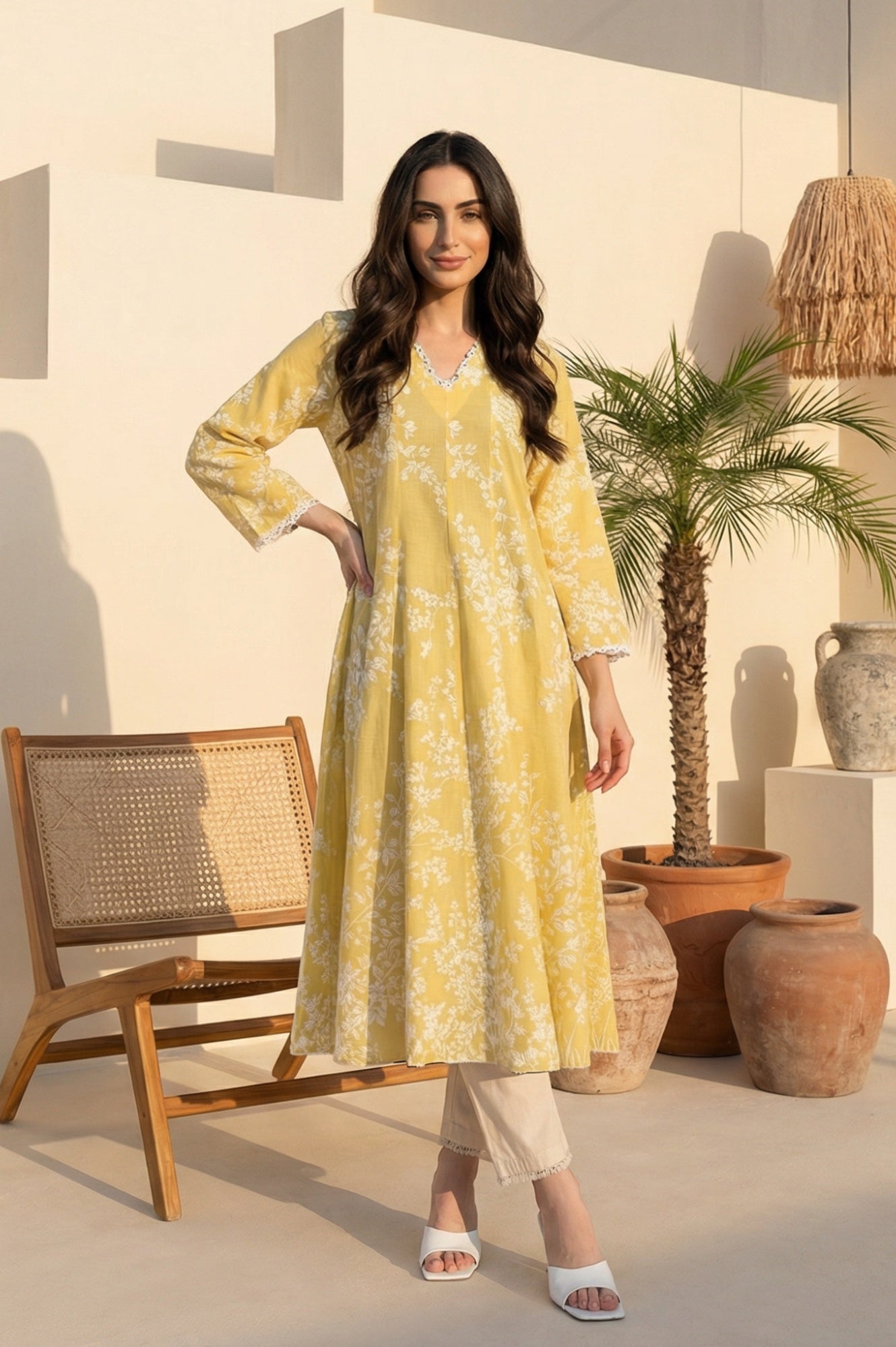 Yellow Floral Printed Lace Pure Cotton A-line Kurta