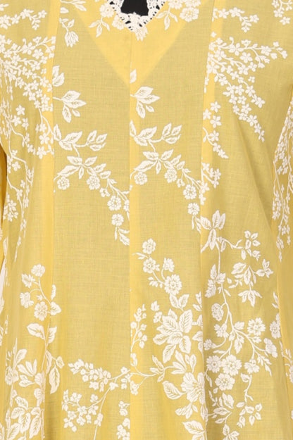 Yellow Floral Printed Lace Pure Cotton A-line Kurta