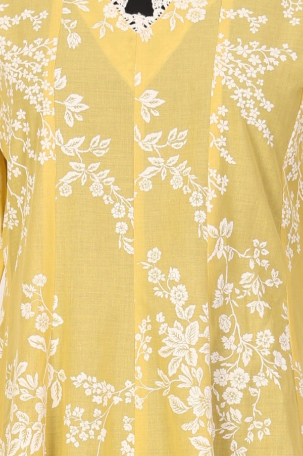 Yellow Floral Printed Lace Pure Cotton A-line Kurta