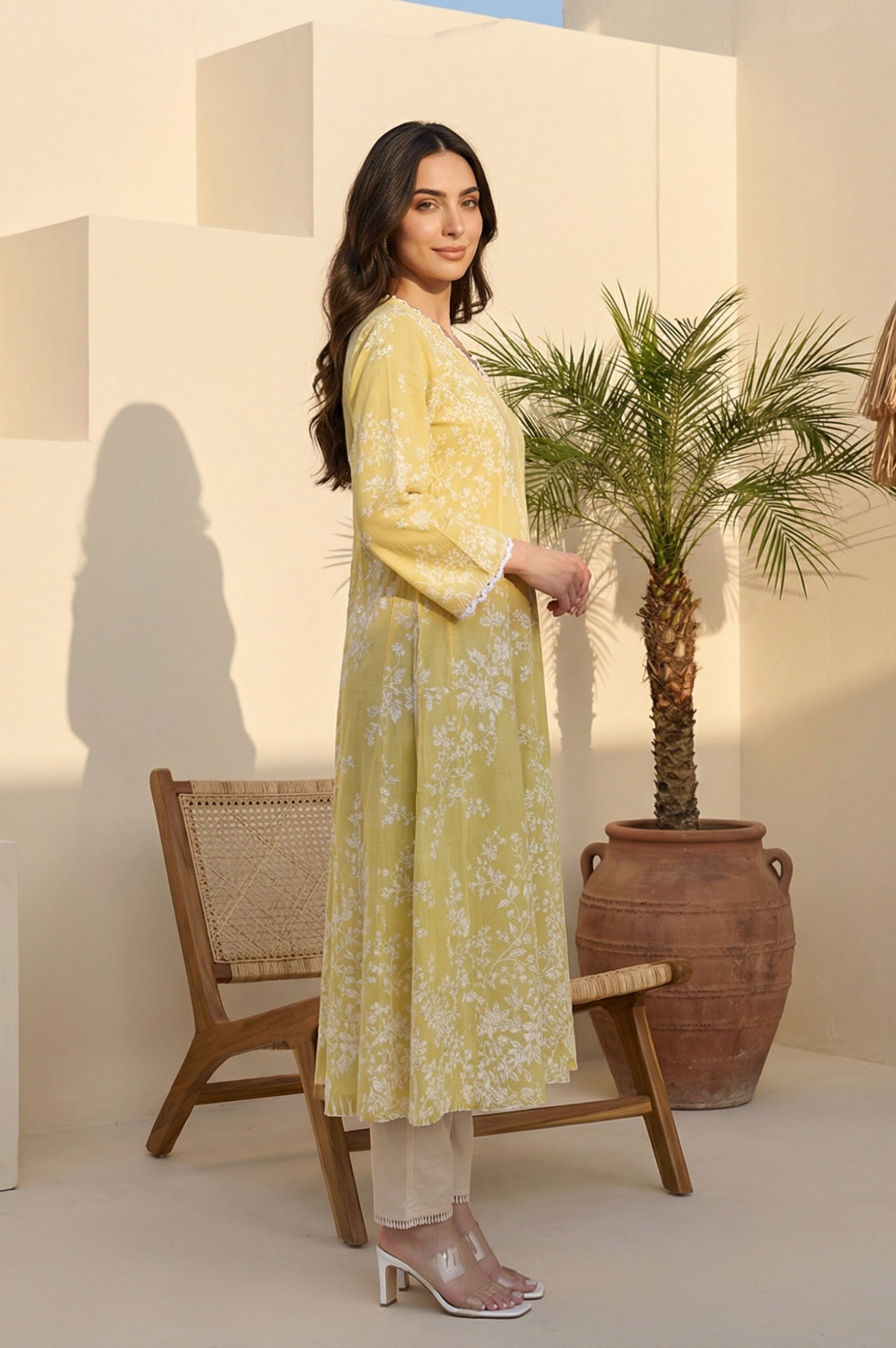Yellow Floral Printed Lace Pure Cotton A-line Kurta