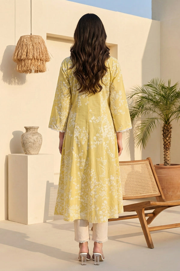 Yellow Floral Printed Lace Pure Cotton A-line Kurta