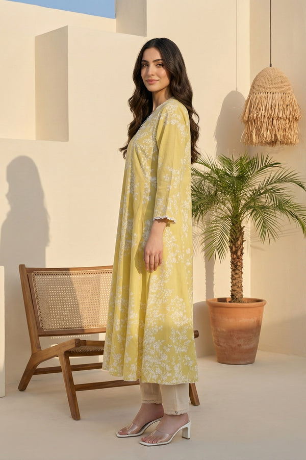 Yellow Floral Printed Lace Pure Cotton A-line Kurta