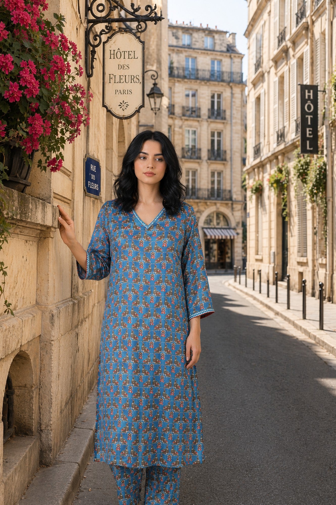 Blue Conversational Printed Satin Straight Kurta