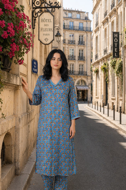 Blue Conversational Printed Satin Straight Kurta