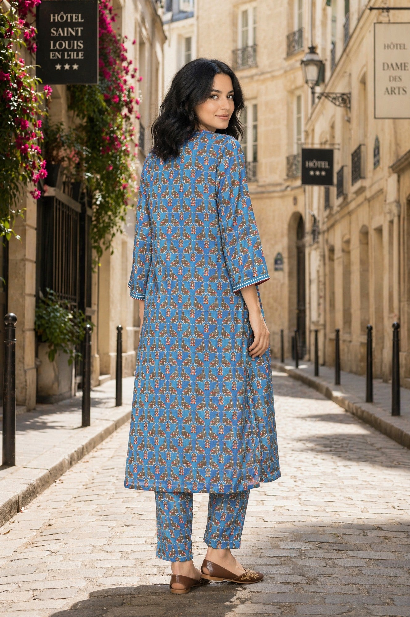 Blue Conversational Printed Satin Straight Kurta