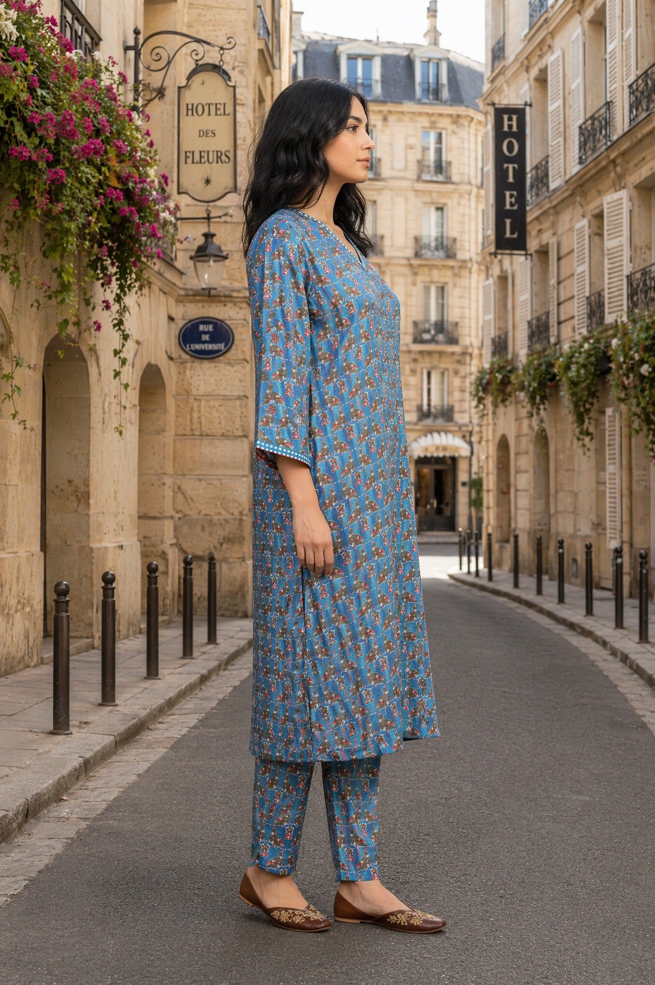 Blue Conversational Printed Satin Straight Kurta