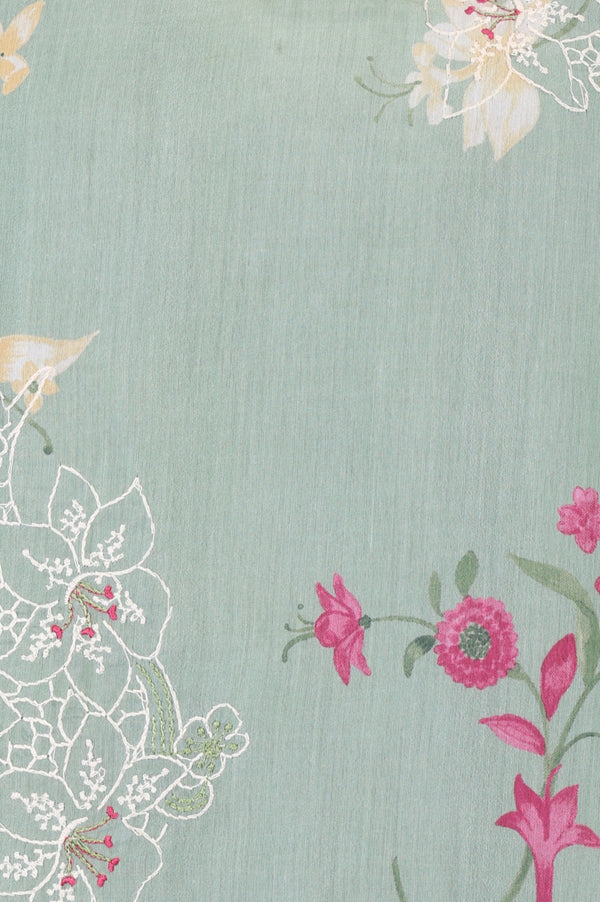 Sea Green Floral Printed Embroidered Chanderi Straight Kurta