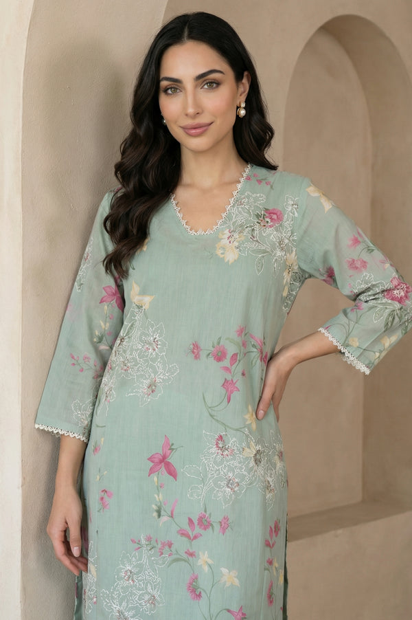Sea Green Floral Printed Embroidered Chanderi Straight Kurta