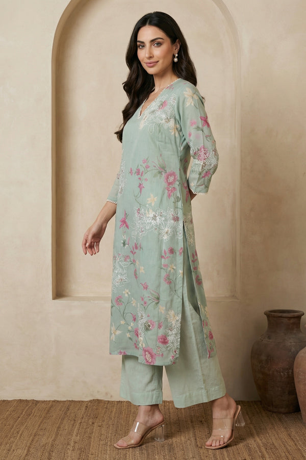 Sea Green Floral Printed Embroidered Chanderi Straight Kurta