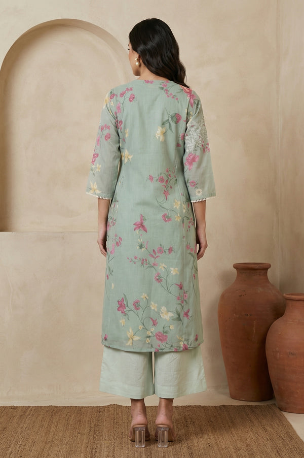 Sea Green Floral Printed Embroidered Chanderi Straight Kurta