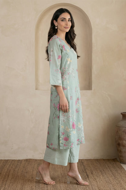 Sea Green Floral Printed Embroidered Chanderi Straight Kurta