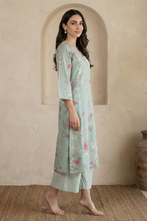 Sea Green Floral Printed Embroidered Chanderi Straight Kurta
