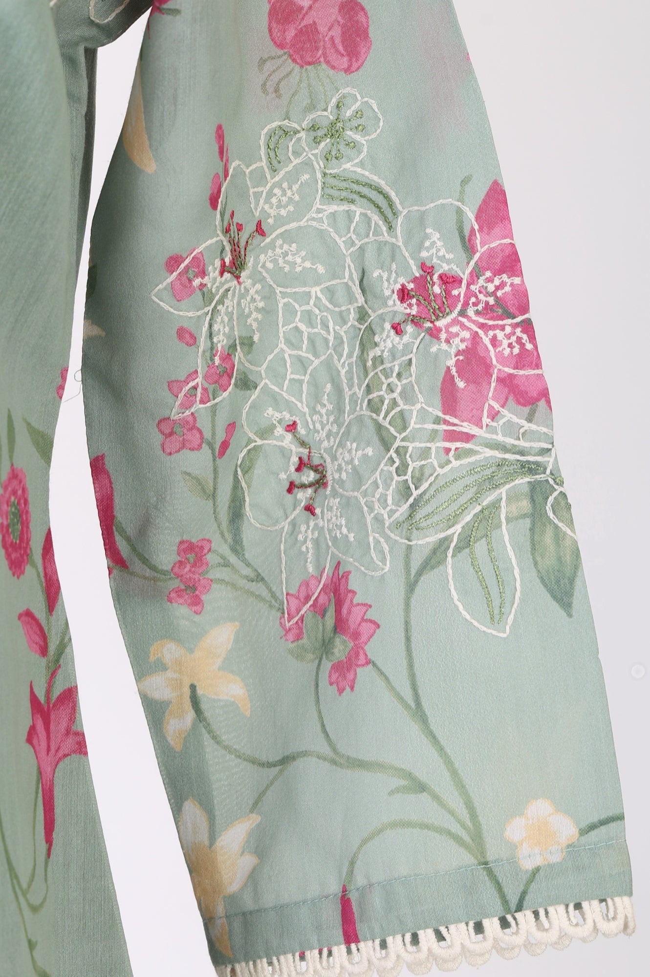Sea Green Floral Printed Embroidered Chanderi Straight Kurta
